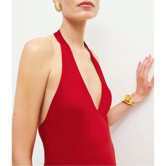 Reformation Meral Halterneck Open Back Satin Cherry Red Midi Dress Size XL - Picture 3 of 9